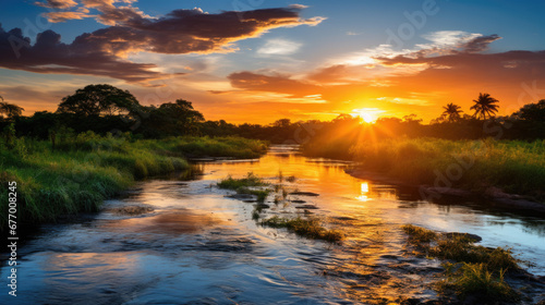 A sunset over the wilderness with a river