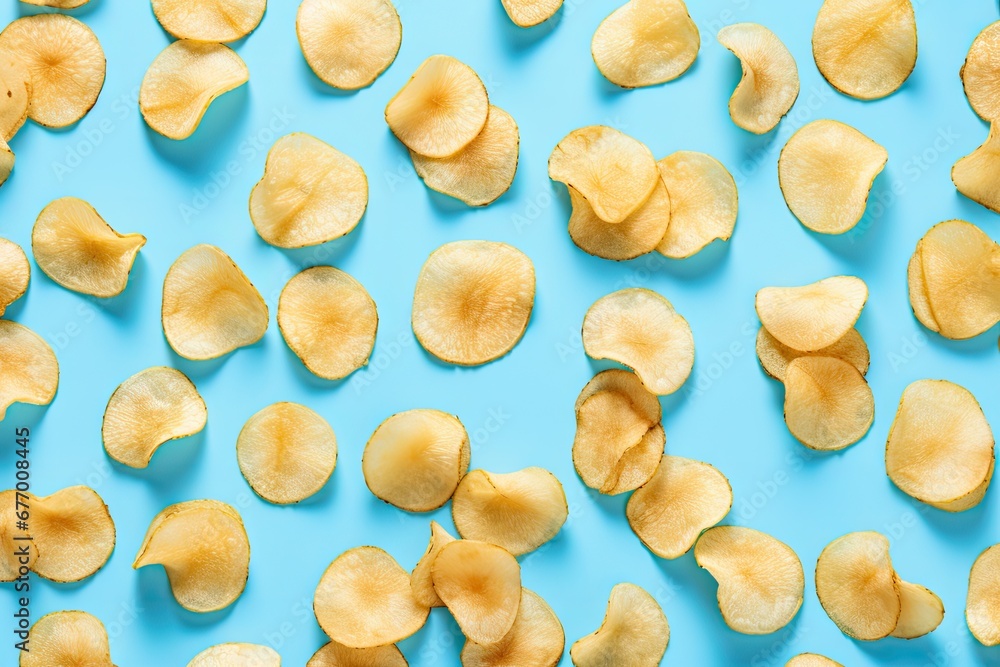 Potato chip pattern on light blue background isolated fast food banner Potato chip pattern on light blue background isolated fast food banner