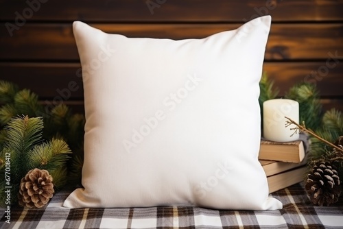 Plaid interior photo with white linen pillow mockup