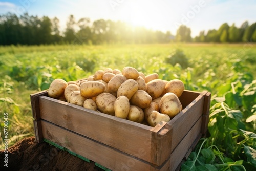 Potatoes in wooden box on table in sunny green field