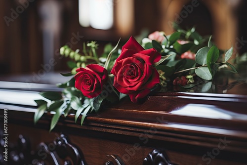 Red rose on wooden coffin in church symbolizes funeral and grief
