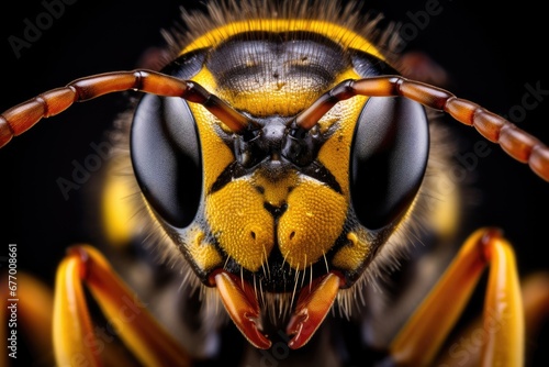 Macro portrait of a wasp on black background with full face details and depth of field photo