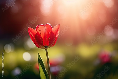 Macro shot of a red tulip on blurred green backdrop with bokeh and sun