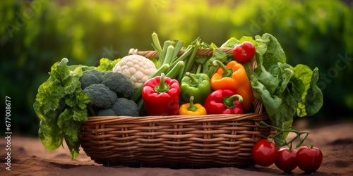 fresh green and mix colored vegetables in big basket in field green plants with agricultural vehical background, Generative AI