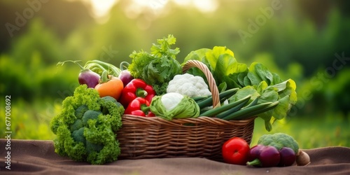 fresh green and mix colored vegetables in big basket in field green plants with agricultural vehical background  Generative AI
