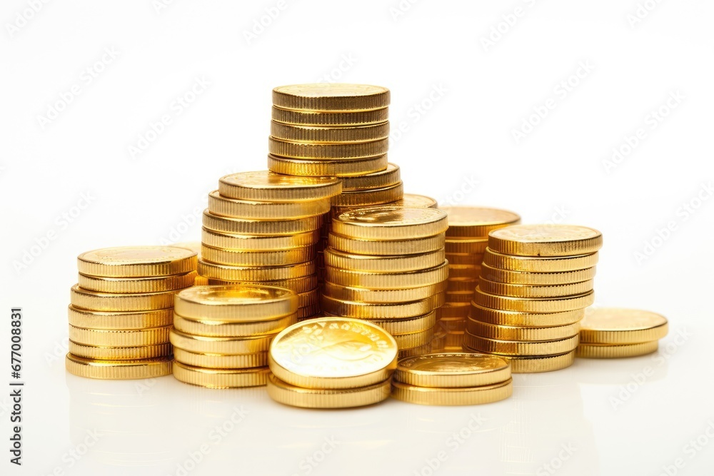 Stacking gold coins and a 1kg gold bar on a white background Stacking gold coins and a 1kg gold bar on a white background