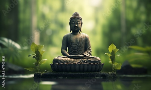 buddha statue in green zen environment, Generative AI