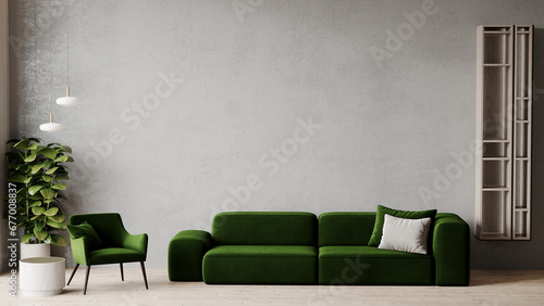 Green living room - modern interior and furniture design. Mockup for art - empty microcement texture wall. Dark green olive sofa and chair. Luxury rich lounge area with gray plaster accent. 3d render