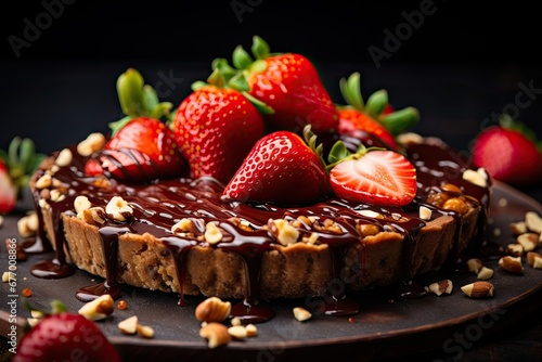 Tasty tart with caramel nuts and strawberries