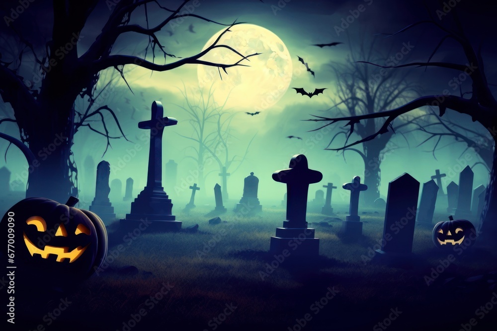 spooky graveyard at night Halloween card, Generative AI