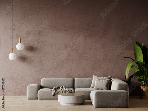Luxury living room in warm colors. Brown beige walls, light gray lounge furniture -sofa, table. Empty background microcement for art. Rich interior design. Mockup room office reception. 3d render