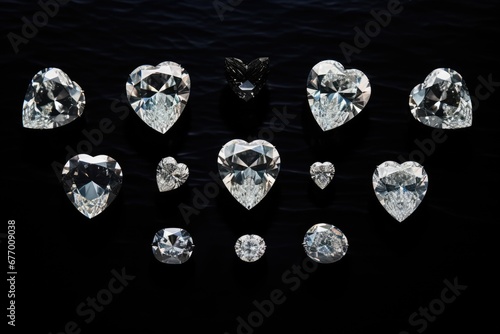 Various diamond shapes and cuts on black marble