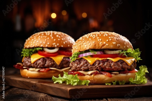 Unhealthy close up Beef cheese and veggie burgers on wooden table