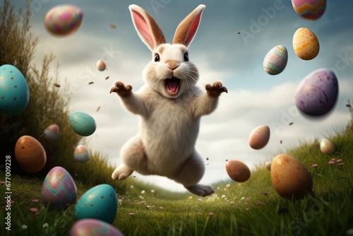 happy Easter bunny jumping with joy with many Easter eggs, Generative AI