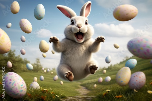 happy Easter bunny jumping with joy with many Easter eggs, Generative AI © Junior Picture Arts