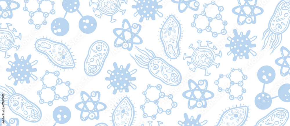 Biology sketch doodle light background. Medicine science. Vector hand drawn pattern. - obrazy, fototapety, plakaty 
