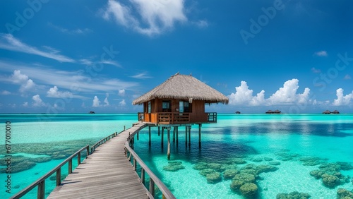 A stilt house in the Maldives, perched above crystal-clear turquoise waters with a thatched roof and vibrant tropical flowers. © IBRAHEEM'S AI