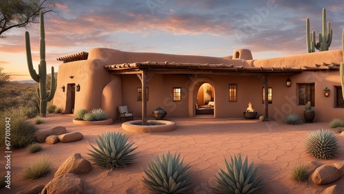 A traditional adobe house in the American Southwest, blending seamlessly with the desert landscape and featuring a courtyard with a kiva fireplace. photo
