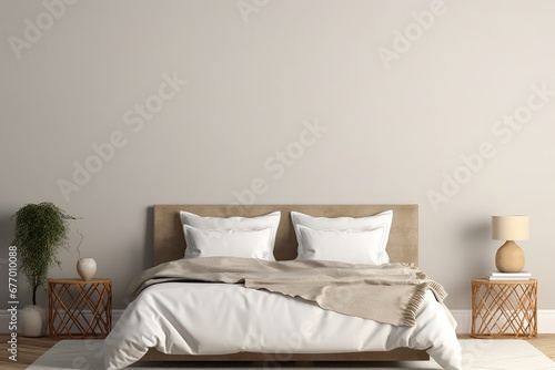 Cozy bedroom interior with bed and blank wall, 3d render, Generative AI