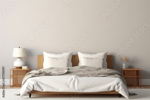 Cozy bedroom interior with bed and blank wall, 3d render, Generative AI