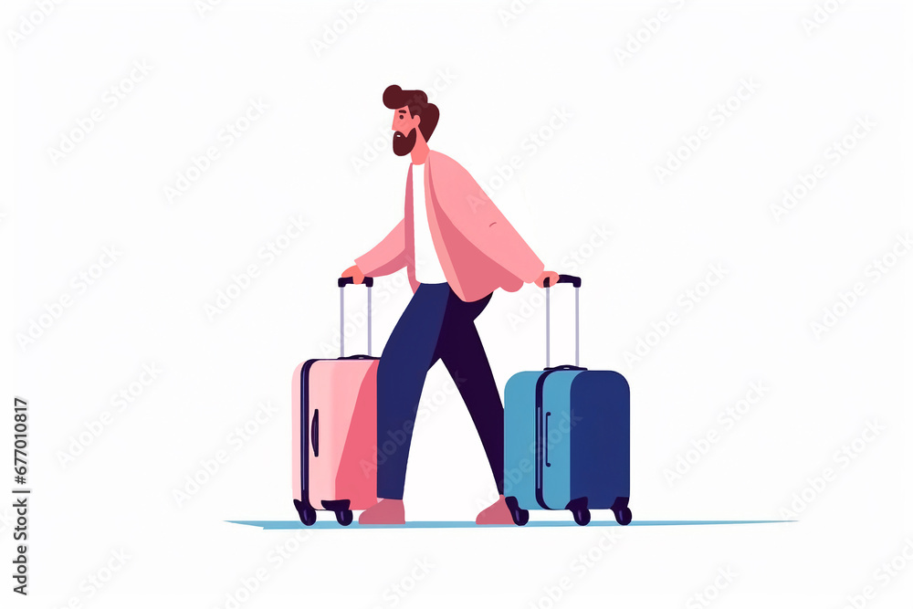 Man Characters with Bags, Suitcases and Backpack at the Airport hurry up for Departure. Travelling Boy. Vacation and Tourism Concept. Man Characters with Bags, Suitcases and Backpack at the Airport hurry up for Departure. Travelling Boy. Vacation and Tourism Concept.