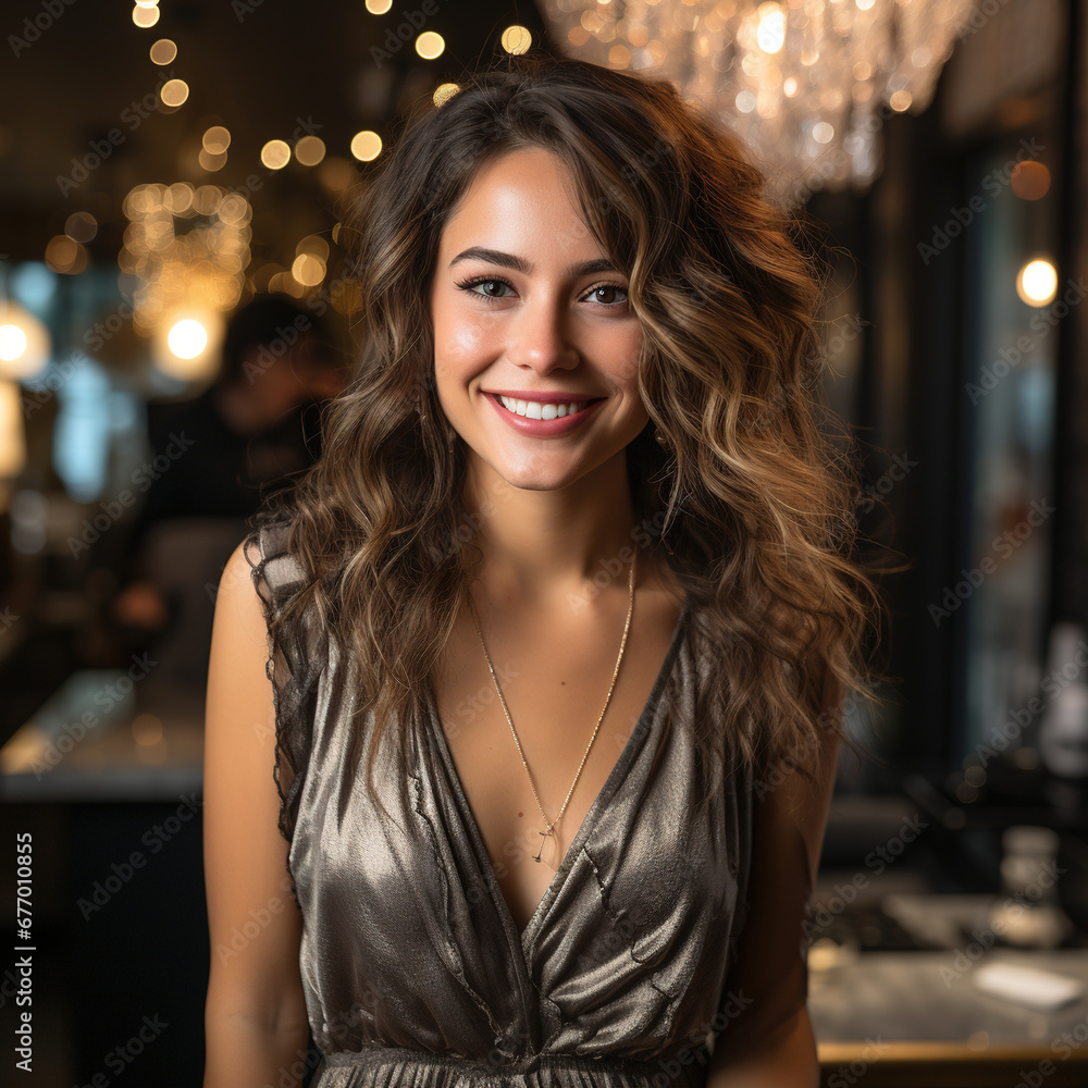 A beautiful woman with a happy smiling face against a restaurant backdrop and dim bokeh lights. A beautiful woman with a happy smiling face against a restaurant backdrop and dim bokeh lights.