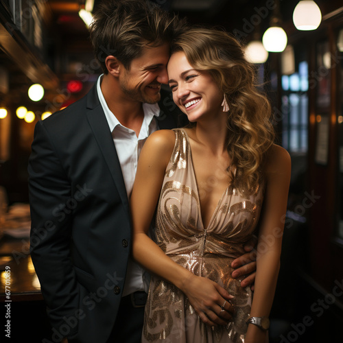 A couple who embrace each other happily and sweetly before dinner inside a restaurant or restaurant with a dark room scene with bokeh lighting. Valentine Ideas