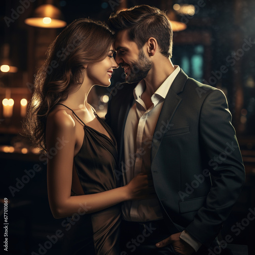 A couple who embrace each other happily and sweetly before dinner inside a restaurant or restaurant with a dark room scene with bokeh lighting. Valentine Ideas