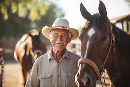 A senior man standing close to a horse outdoors in nature, holding it