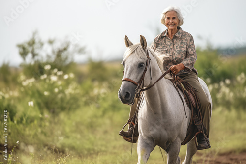 Senior Caucasian man riding a horse through the field on a ranch © evgenia_lo