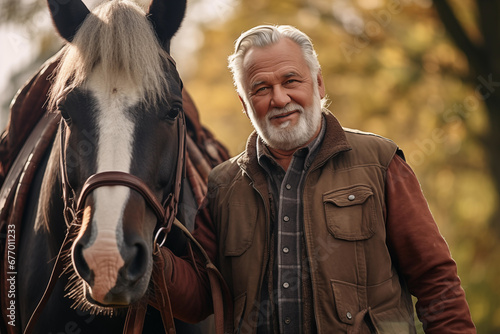 A senior man standing close to a horse outdoors in nature, holding it