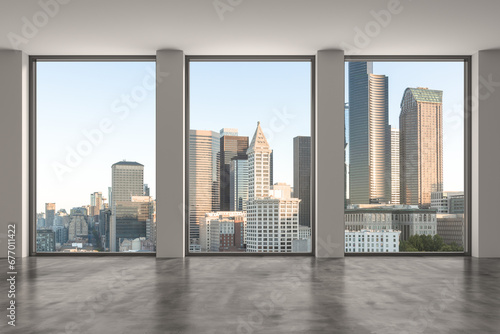 Empty room Interior Skyscrapers View. Cityscape Downtown Seattle City Skyline Buildings from High Rise Window. Beautiful Real Estate. Day time. 3d rendering.