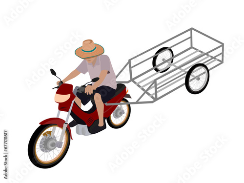 Farmer driving a motorcycle with a sidecar.