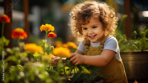 A little girl enjoying gardening outside