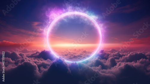 Beautiful neon colorful cloud with a rainbow ring background, in the style of luminous light effects, realistic landscapes with soft edges, dark violet and orange.