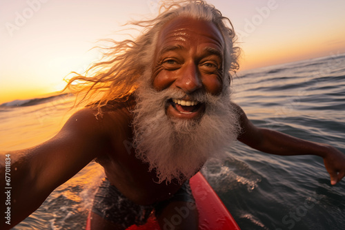 Happy senior surfer taking selfie while having fun surfing at sunset time. Elderly health people lifestyle and extreme sport concept photo