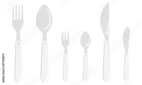 Cutlery, Silverware fork knife spoon with white handle. Stainless steel tableware. Hand drawn illustration. Vector Top view