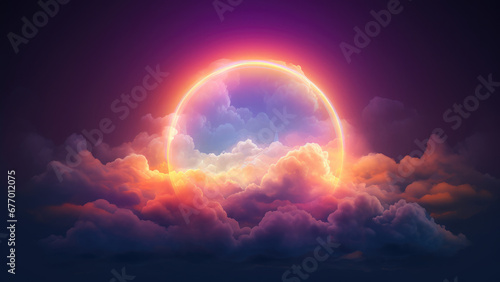 Beautiful neon colorful cloud with a rainbow ring background, in the style of luminous light effects, realistic landscapes with soft edges, dark violet and orange.