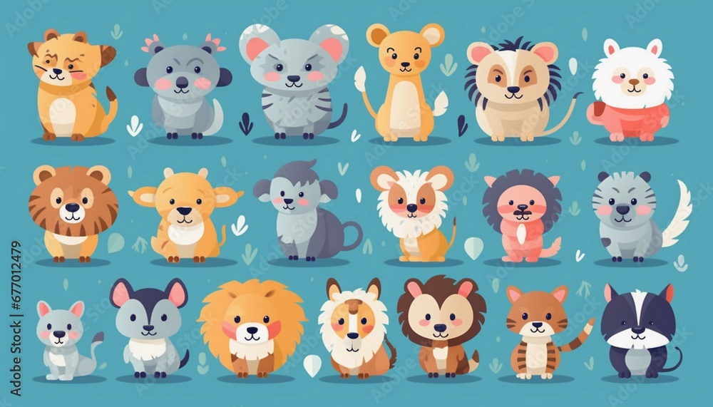 Collection of icon illustrations of various cute and funny animals, set design materials
