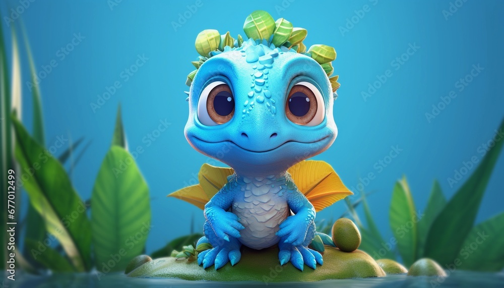 A cute little blue lizard dinosaur standing on a stone with green leaves and a pool of water A cute little blue lizard dinosaur standing on a stone with green leaves and a pool of water