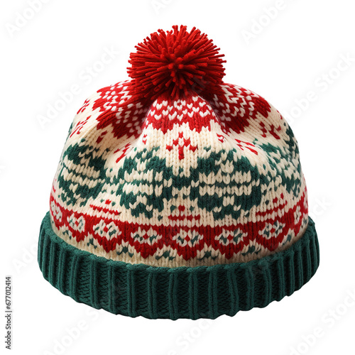 Knitted beanies hat with pompom. Winter Beanie for Holiday Christmas, isolated on white background