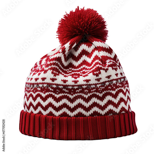 Knitted beanies hat with pompom. Winter Beanie for Holiday Christmas, isolated on white background photo