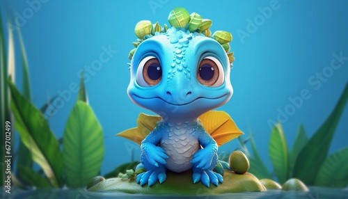 A cute little blue lizard dinosaur standing on a stone with green leaves and a pool of water