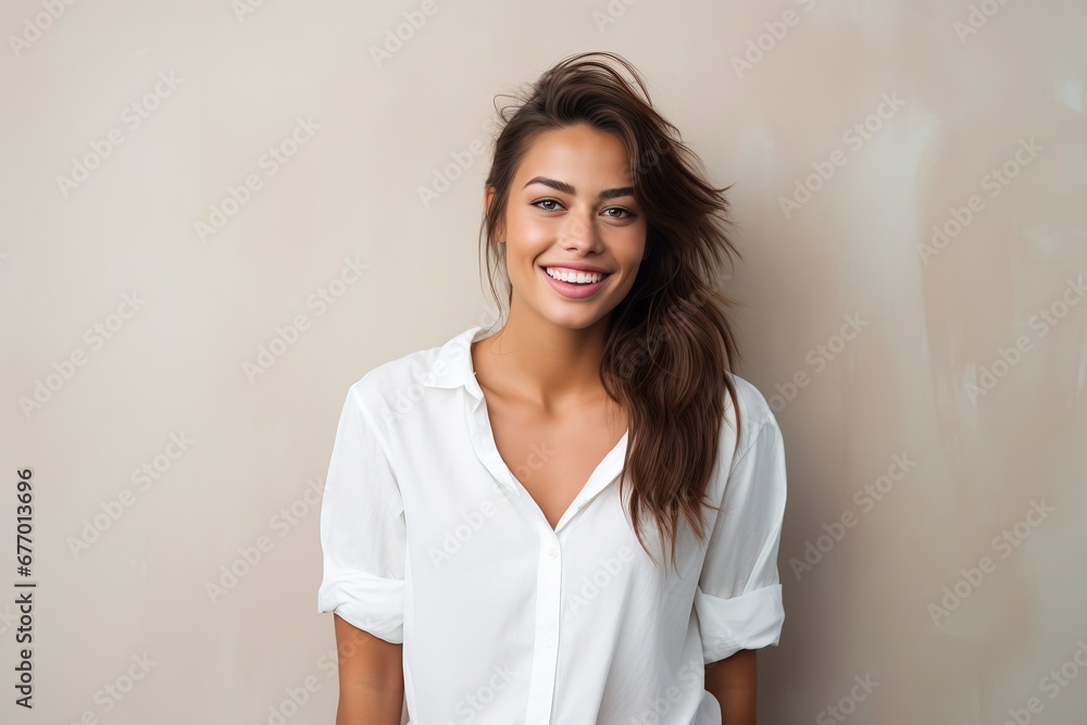 photo of a young woman wearing a white shirt and smiling looking at the camera, one color background, generative ai photo of a young woman wearing a white shirt and smiling looking at the camera, one color background, generative ai