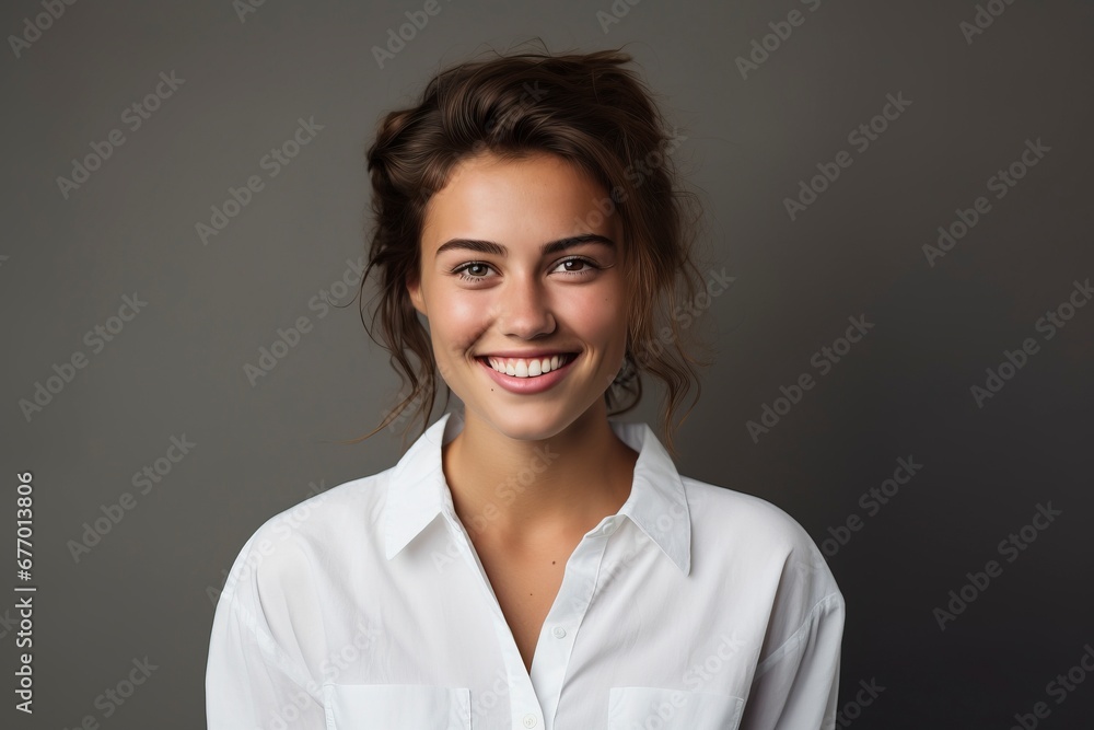 photo of a young woman wearing a white shirt and smiling looking at the camera, one color background, generative ai photo of a young woman wearing a white shirt and smiling looking at the camera, one color background, generative ai