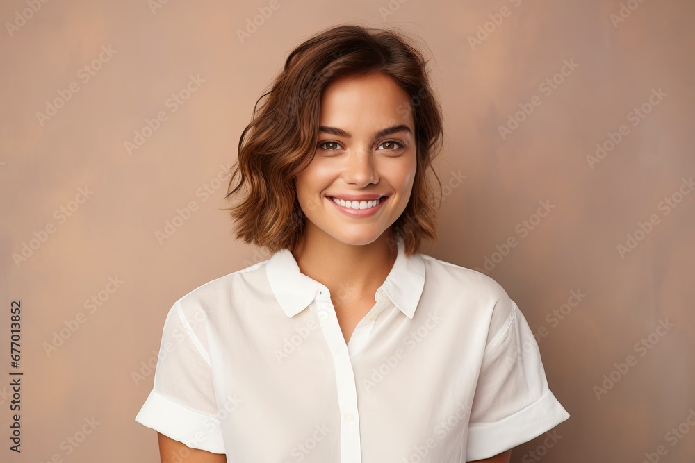 photo of a young woman wearing a white shirt and smiling looking at the camera, one color background, generative ai photo of a young woman wearing a white shirt and smiling looking at the camera, one color background, generative ai