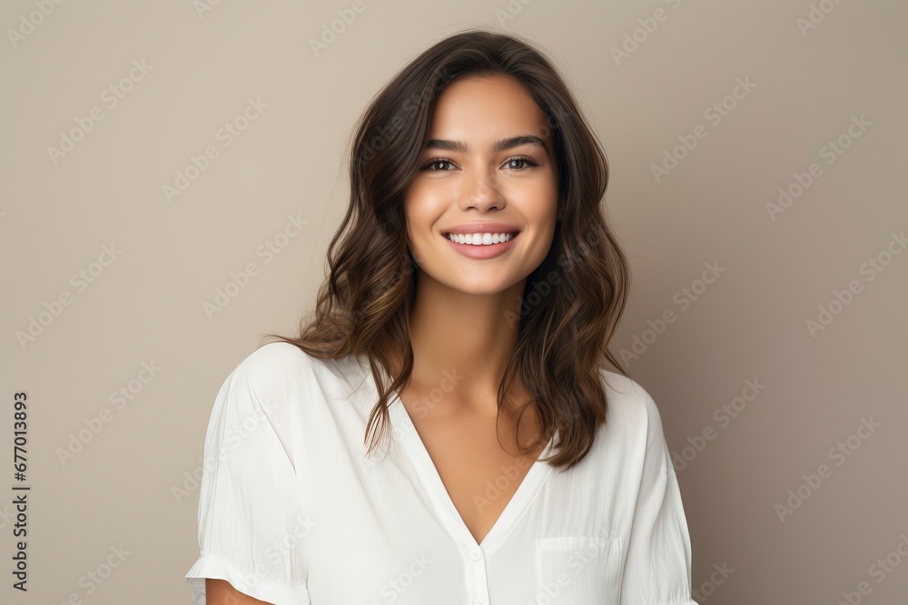 photo of a young woman wearing a white shirt and smiling looking at the camera, one color background, generative ai