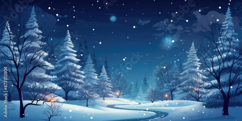 Winter Nature Landscape. Snowy Forest at night. Christmas and New Year Background, copy space