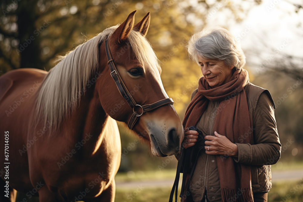 Obraz premium A senior woman standing close to a horse outdoors in nature, holding it