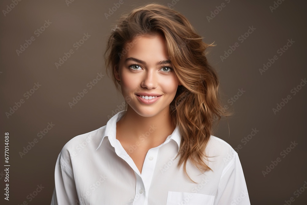 photo of a young woman wearing a white shirt and smiling looking at the camera, one color background, generative ai photo of a young woman wearing a white shirt and smiling looking at the camera, one color background, generative ai